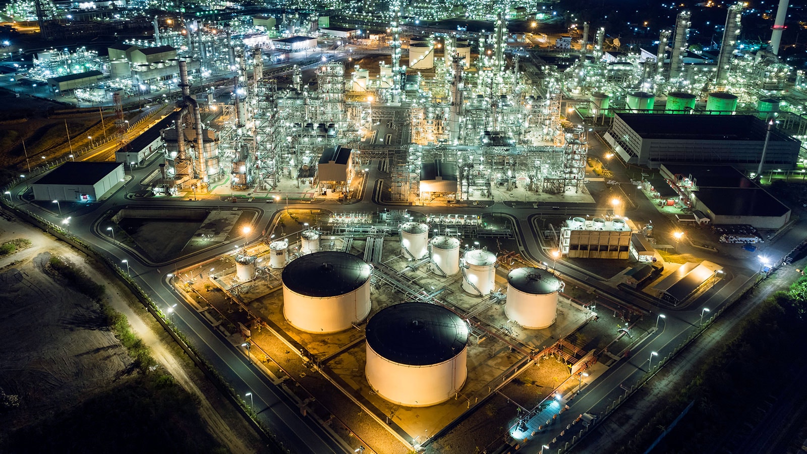 View of a factiry at night.