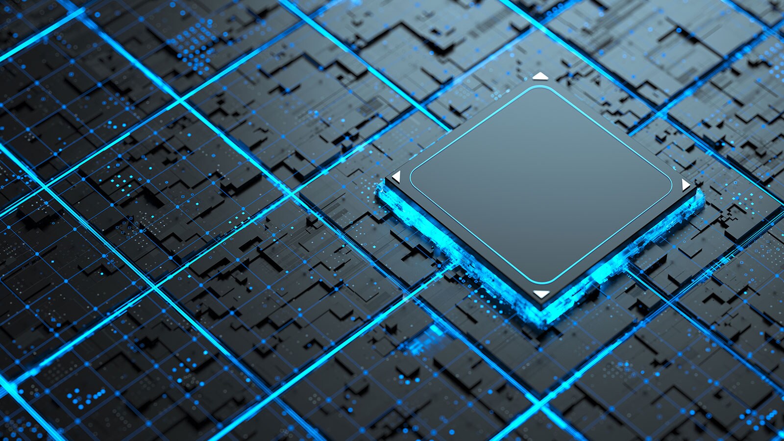 futuristic technology concept focusing on a central microchip or processor embedded in a grid-like structure