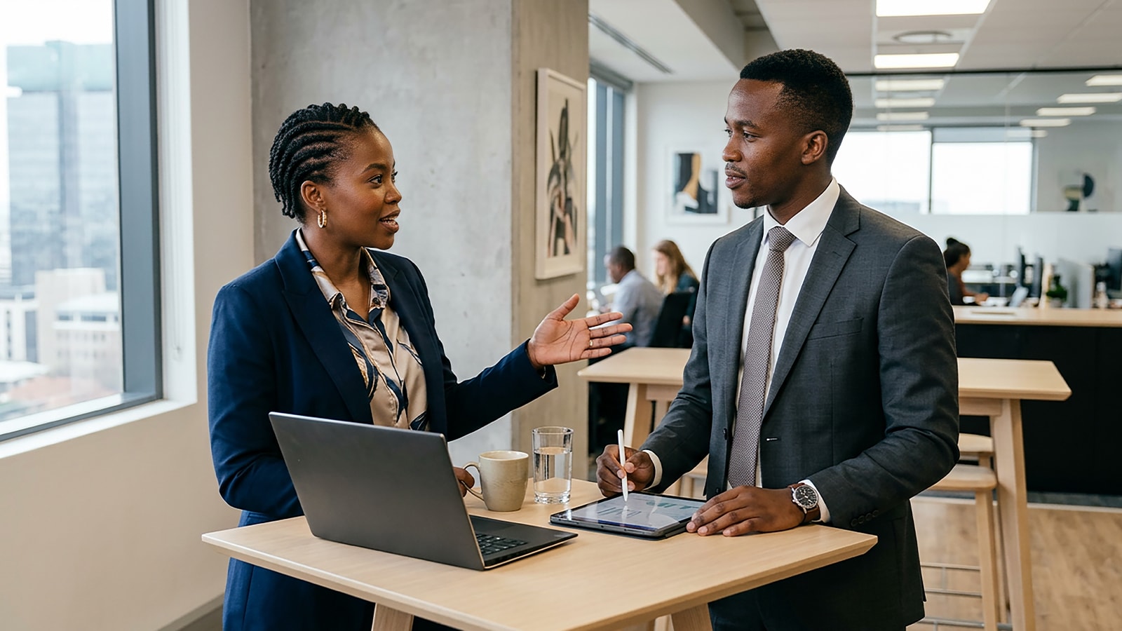 Two people discussing banking in Ghana.